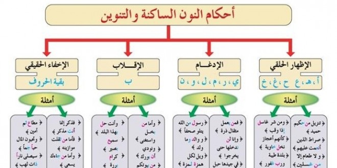 احكام النون الساكنة والتنوين مع الامثلة , تعلم اللغة العربية بالتشكيل